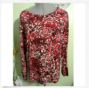 ROZ&ALI Stretch Blouse PL Red Black Abstract design Button Sleeves Scoop neck LS